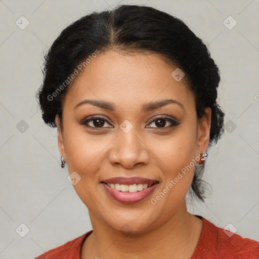 Joyful latino young-adult female with short  brown hair and brown eyes