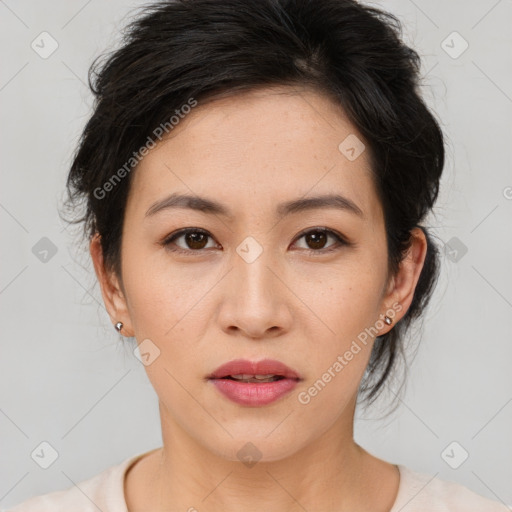 Neutral asian young-adult female with medium  brown hair and brown eyes
