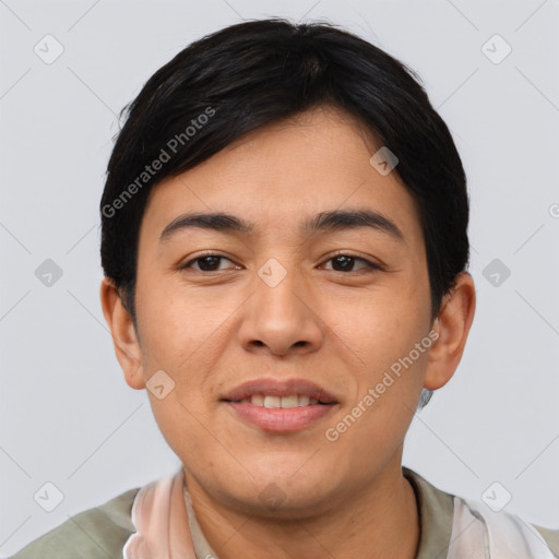 Joyful asian young-adult male with short  black hair and brown eyes