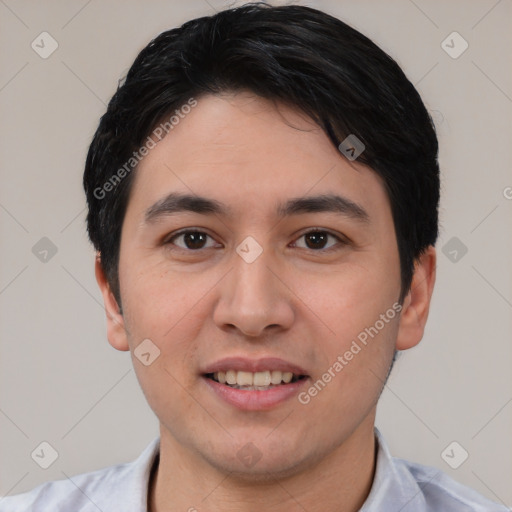 Joyful white young-adult male with short  black hair and brown eyes