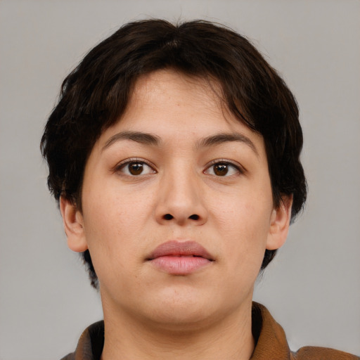 Neutral asian young-adult female with medium  brown hair and brown eyes