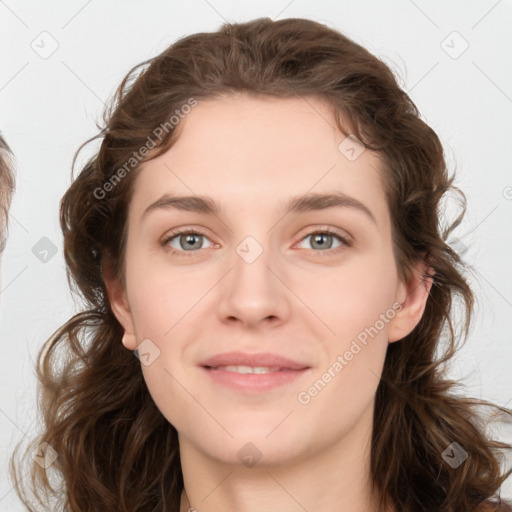 Joyful white young-adult female with medium  brown hair and green eyes