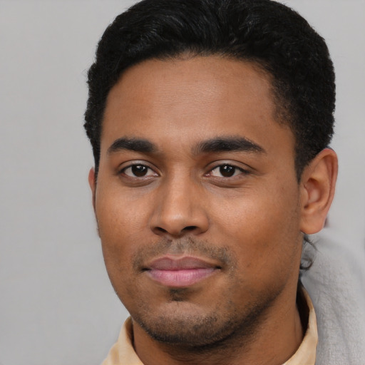 Neutral latino young-adult male with short  black hair and brown eyes