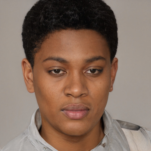 Neutral latino young-adult female with short  black hair and brown eyes