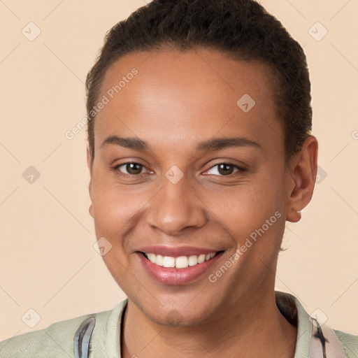 Joyful white young-adult female with short  brown hair and brown eyes