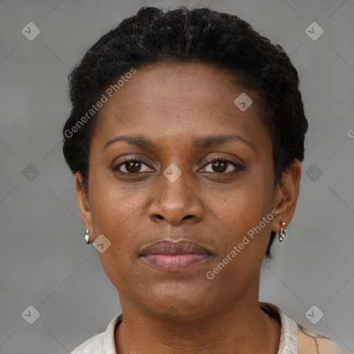 Neutral black young-adult female with short  brown hair and brown eyes