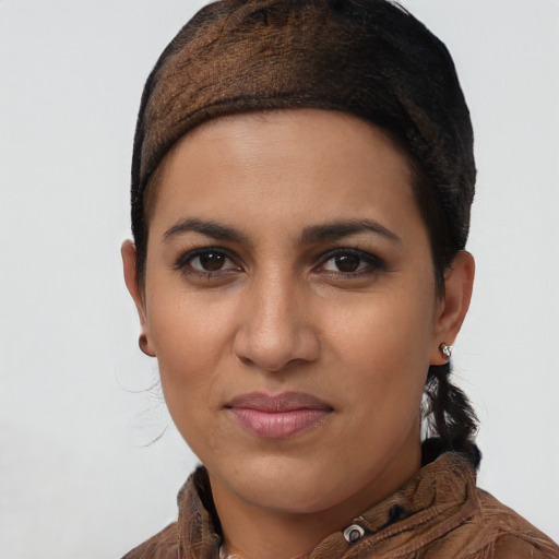 Joyful latino young-adult female with short  brown hair and brown eyes