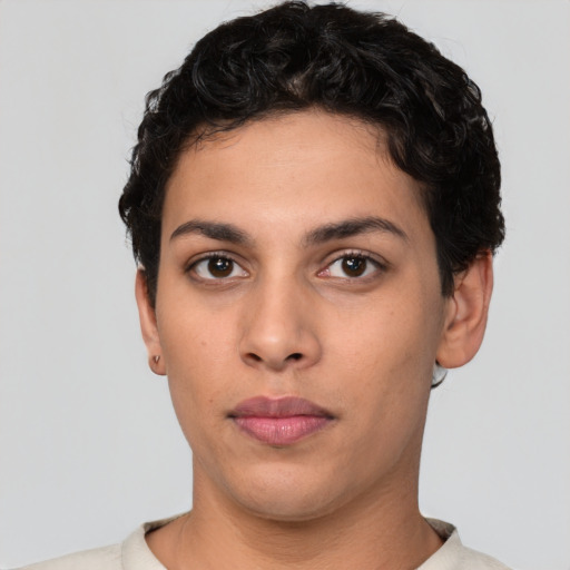 Neutral white young-adult female with short  brown hair and brown eyes
