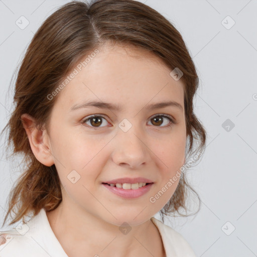 Joyful white child female with medium  brown hair and brown eyes