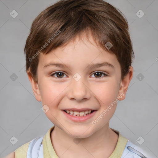 Joyful white child male with short  brown hair and brown eyes