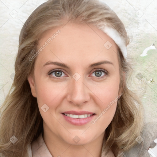 Joyful white young-adult female with medium  brown hair and blue eyes