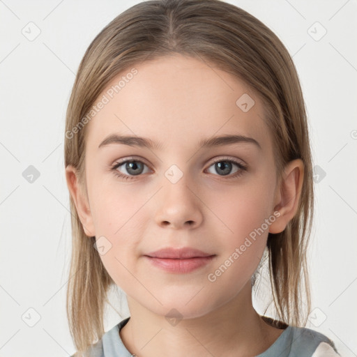 Neutral white young-adult female with medium  brown hair and grey eyes