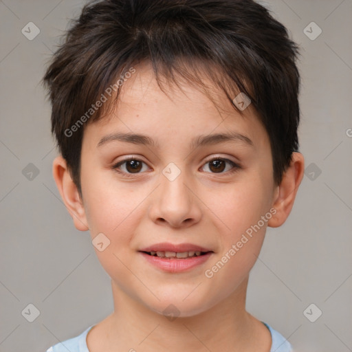 Joyful white child female with short  brown hair and brown eyes