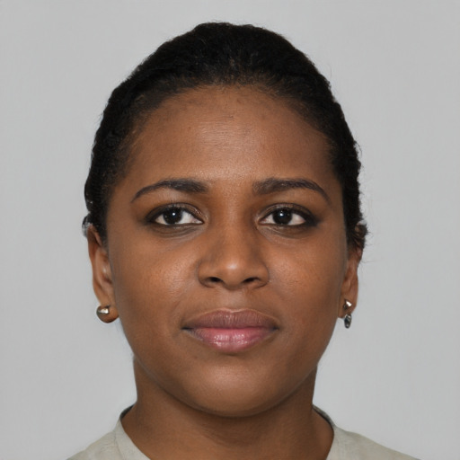 Neutral black young-adult female with short  brown hair and brown eyes