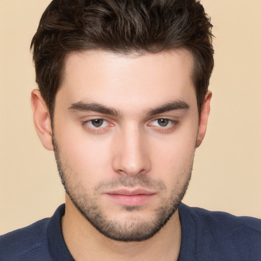 Neutral white young-adult male with short  brown hair and brown eyes