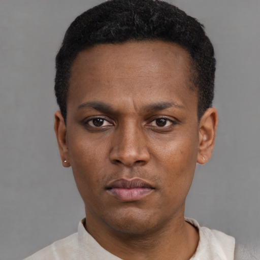Neutral black young-adult male with short  black hair and brown eyes