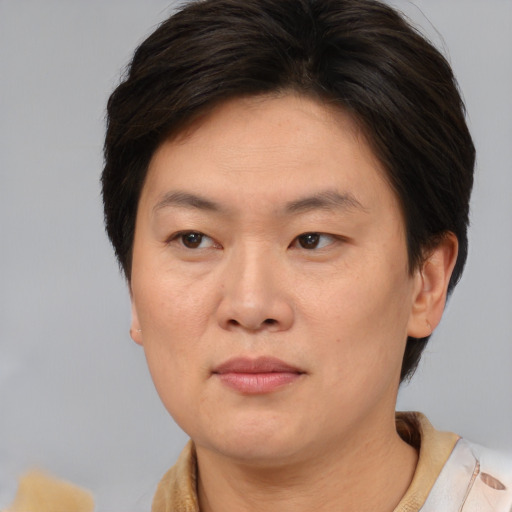 Joyful asian adult female with medium  brown hair and brown eyes
