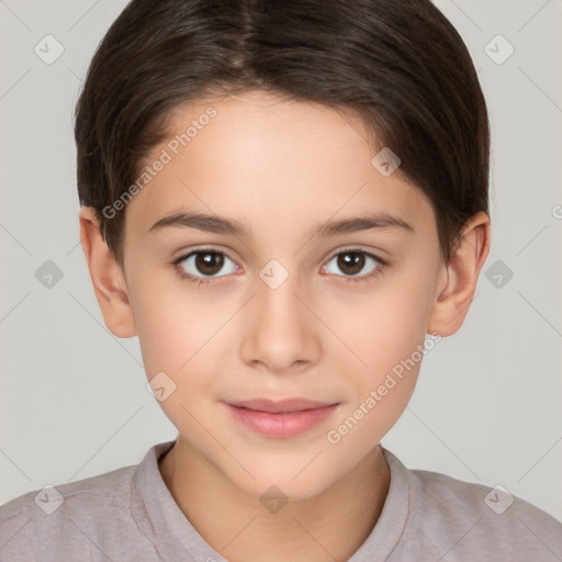 Joyful white child female with short  brown hair and brown eyes