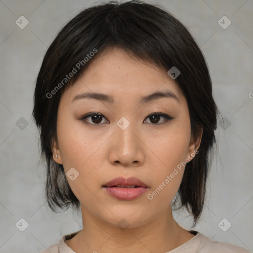 Neutral asian young-adult female with medium  brown hair and brown eyes