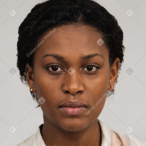 Neutral black young-adult female with short  brown hair and brown eyes