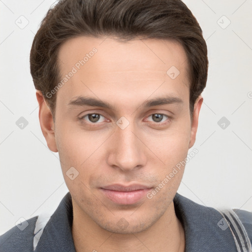 Neutral white young-adult male with short  brown hair and grey eyes