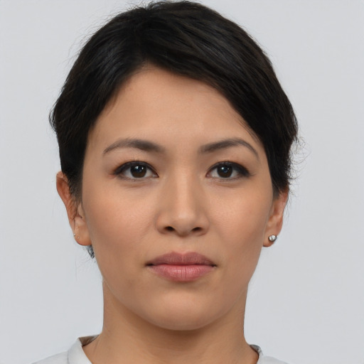 Neutral asian young-adult female with short  brown hair and brown eyes