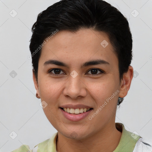 Joyful asian young-adult female with short  brown hair and brown eyes