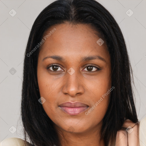 Joyful asian young-adult female with long  brown hair and brown eyes