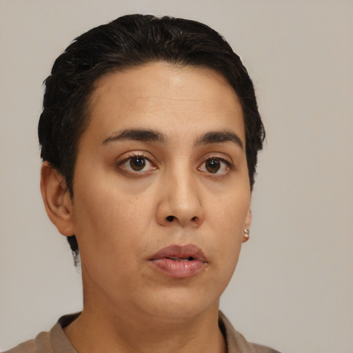 Neutral latino young-adult female with short  black hair and brown eyes