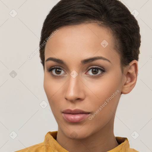 Neutral white young-adult female with short  brown hair and brown eyes