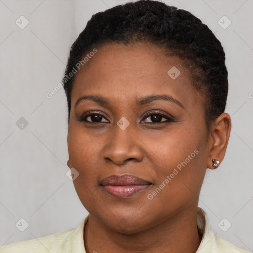 Joyful black young-adult female with short  brown hair and brown eyes