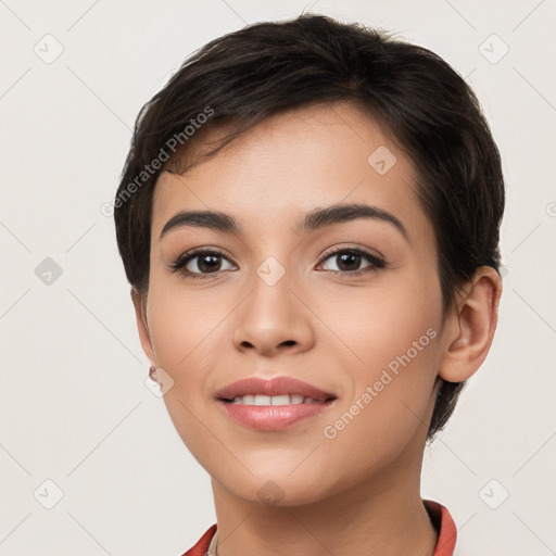 Joyful white young-adult female with short  brown hair and brown eyes