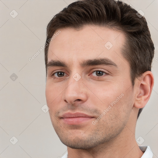 Neutral white young-adult male with short  brown hair and brown eyes