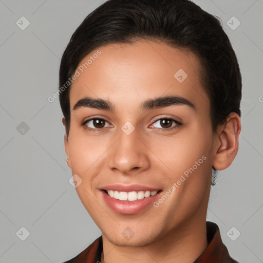 Joyful white young-adult female with short  brown hair and brown eyes