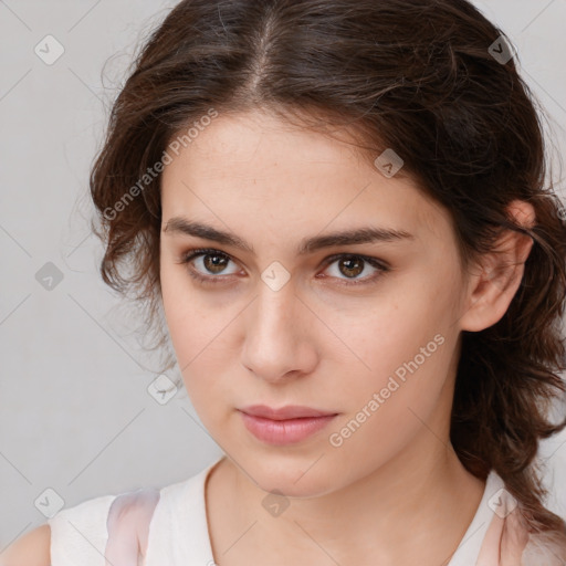 Neutral white young-adult female with medium  brown hair and brown eyes