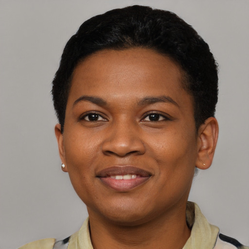 Joyful black young-adult female with short  black hair and brown eyes