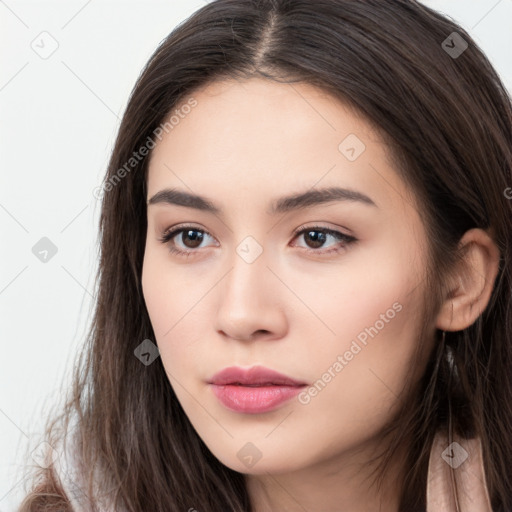 Neutral white young-adult female with long  brown hair and brown eyes