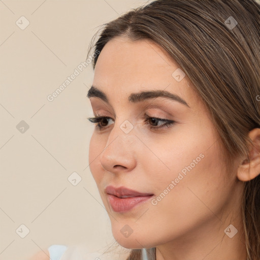 Neutral white young-adult female with long  brown hair and brown eyes