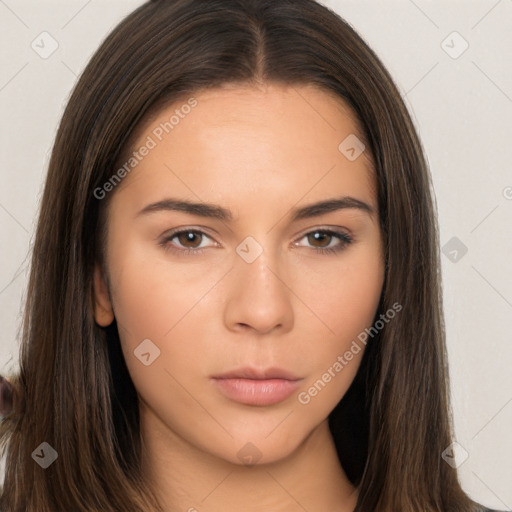 Neutral white young-adult female with long  brown hair and brown eyes