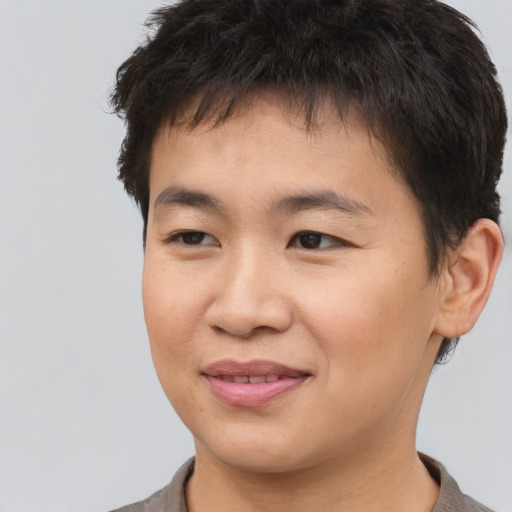 Joyful asian young-adult male with short  brown hair and brown eyes
