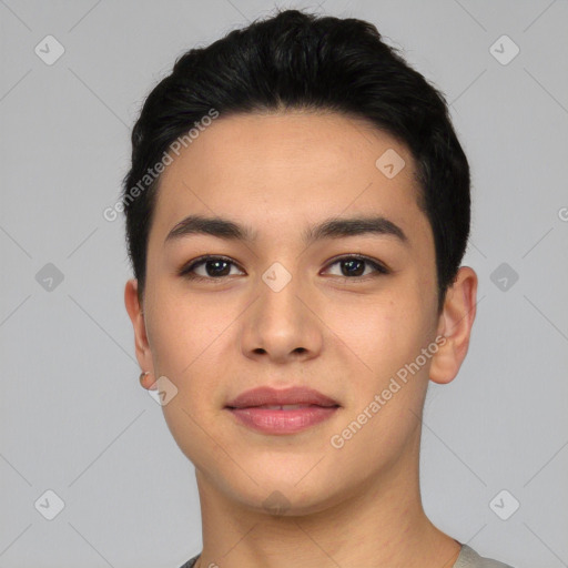 Joyful asian young-adult male with short  black hair and brown eyes