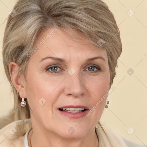 Joyful white adult female with medium  brown hair and grey eyes