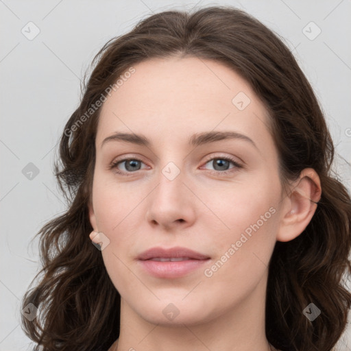 Neutral white young-adult female with long  brown hair and grey eyes