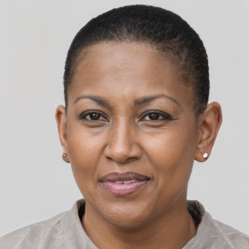 Joyful black adult female with short  brown hair and brown eyes