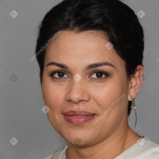 Joyful latino young-adult female with short  brown hair and brown eyes