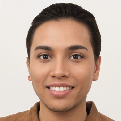 Joyful white young-adult female with short  brown hair and brown eyes