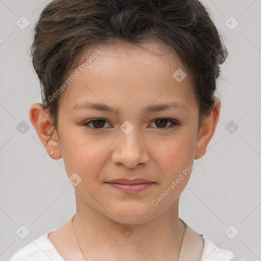 Joyful white child female with short  brown hair and brown eyes