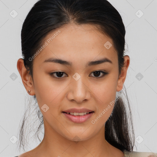 Joyful asian young-adult female with medium  brown hair and brown eyes