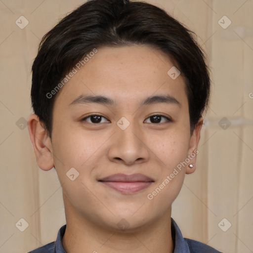 Joyful white young-adult male with medium  brown hair and brown eyes