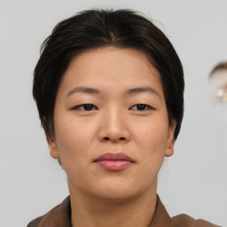 Neutral asian young-adult female with short  brown hair and brown eyes